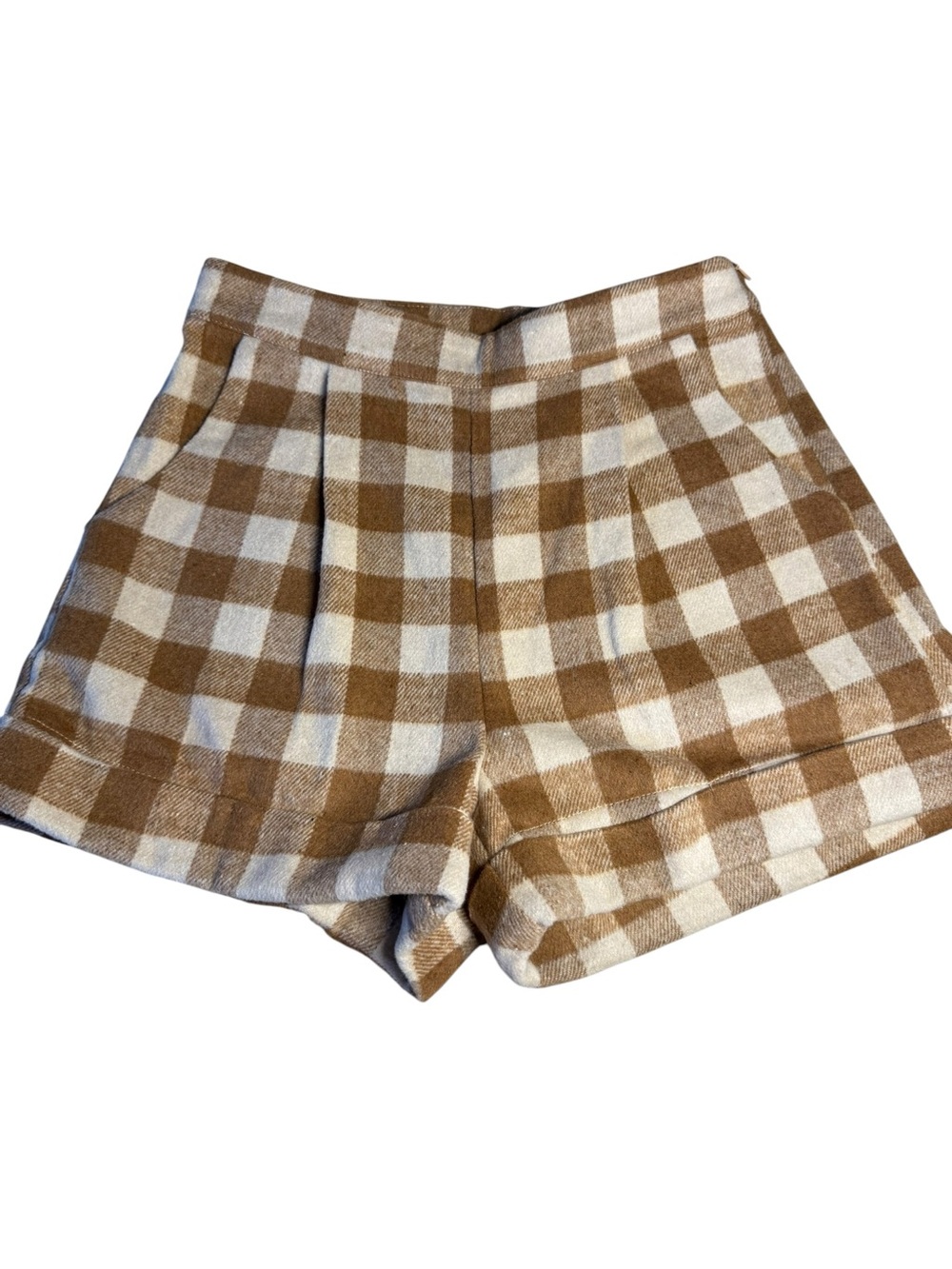 Sage High-Waist Plaid Shorts in Brown & Cream